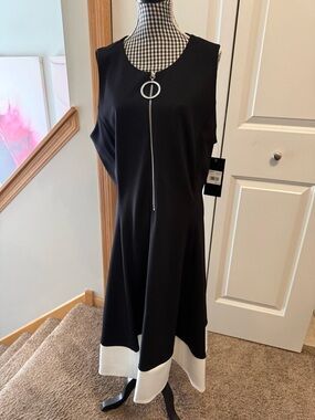 Andrew Marc Black Midi Dress with White Hem & Front Ring Zip